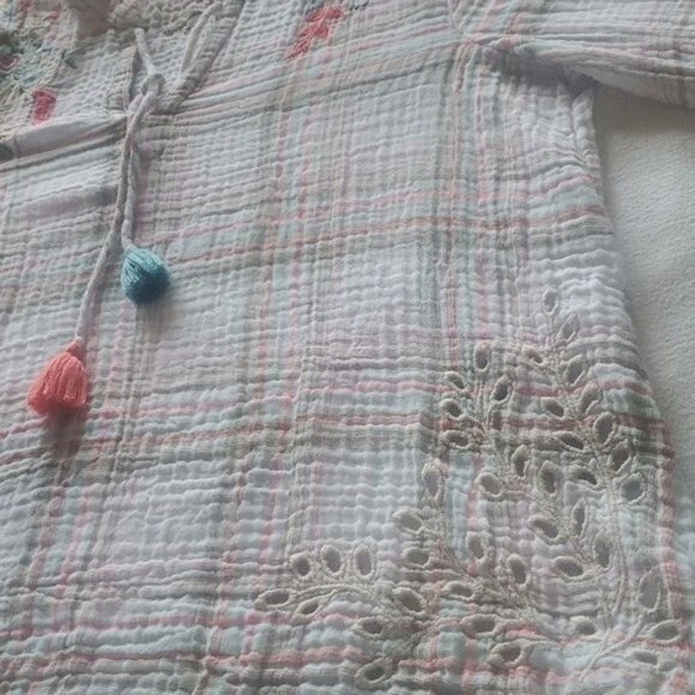 Johnny Was Workshop Embroidered Plaid Eyelet Tassel Blouse White Pink Large - Picture 13 of 16
